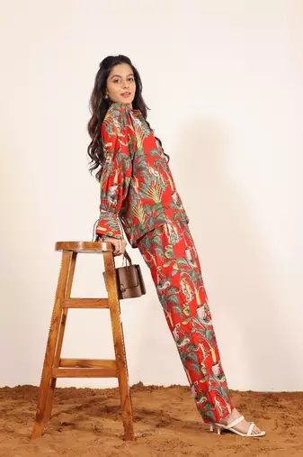 Red and multi jungle theme print two piece set co-ord set