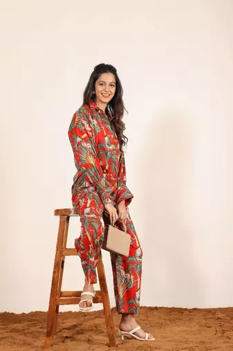 Red and multi jungle theme print two piece set co-ord set