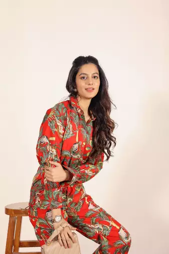 Red and multi jungle theme print two piece set co-ord set