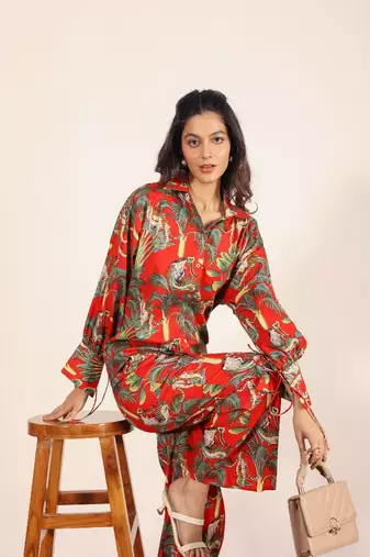 Red and multi jungle theme print two piece set co-ord set