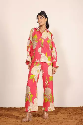 Pink and multicolor floral print two piece set cotton co-ord set