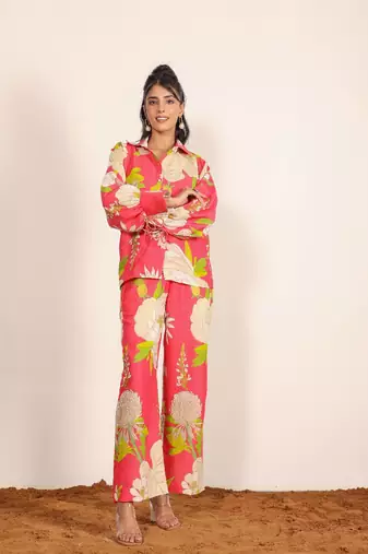 Pink and multicolor floral print two piece set cotton co-ord set