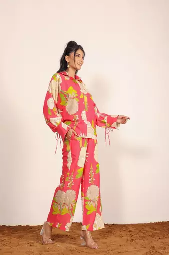 Pink and multicolor floral print two piece set cotton co-ord set
