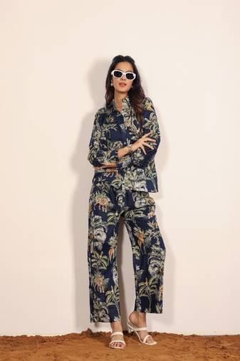 Navy blue and multicolor printed two piece set co-ord set