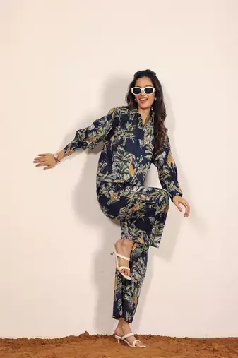 Navy blue and multicolor printed two piece set co-ord set
