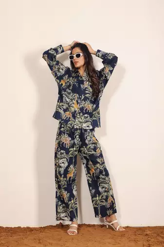 Navy blue and multicolor printed two piece set co-ord set