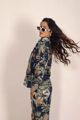 Navy blue and multicolor printed two piece set co-ord set