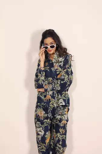 Navy blue and multicolor printed two piece set co-ord set