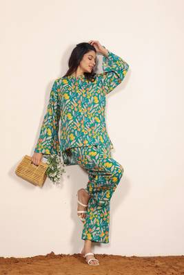 Green and multicolor floral print cotton linen blend co-ord set 1
