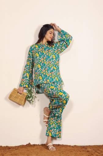 Green and multicolor floral print cotton linen blend co-ord set