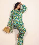 Green and multicolor floral print cotton linen blend co-ord set