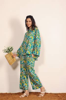 Green and multicolor floral print cotton linen blend co-ord set 3