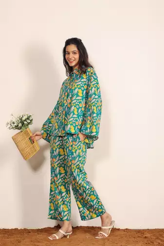 Green and multicolor floral print cotton linen blend co-ord set