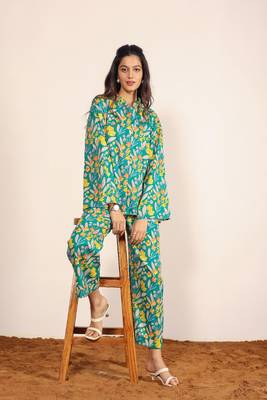 Green and multicolor floral print cotton linen blend co-ord set 4