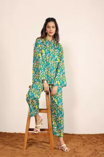 Green and multicolor floral print cotton linen blend co-ord set