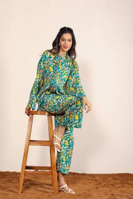 Green and multicolor floral print cotton linen blend co-ord set 6