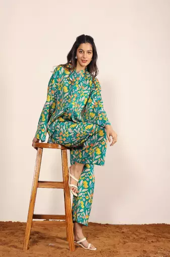 Green and multicolor floral print cotton linen blend co-ord set