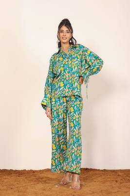 Green and multicolor floral print cotton linen blend co-ord set 1
