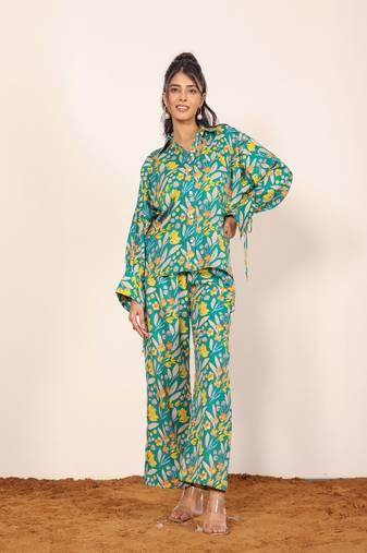 Green and multicolor floral print cotton linen blend co-ord set