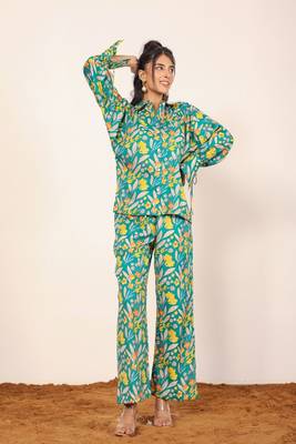 Green and multicolor floral print cotton linen blend co-ord set 3