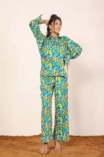 Green and multicolor floral print cotton linen blend co-ord set