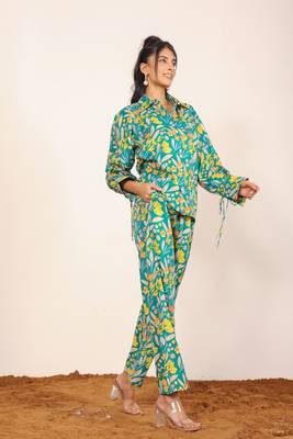 Green and multicolor floral print cotton linen blend co-ord set 4