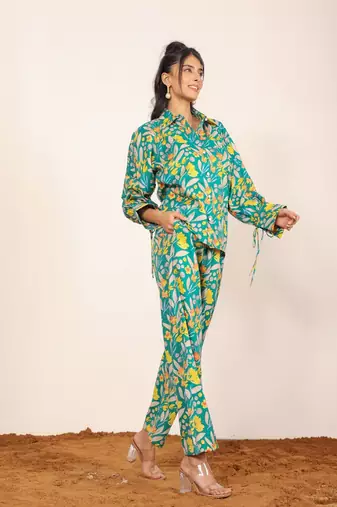 Green and multicolor floral print cotton linen blend co-ord set