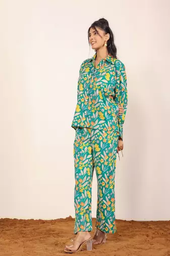 Green and multicolor floral print cotton linen blend co-ord set