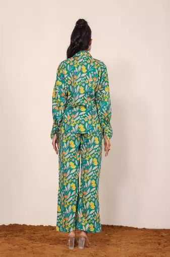 Green and multicolor floral print cotton linen blend co-ord set