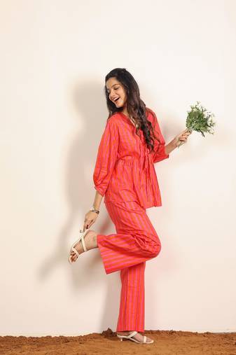 Orange and pink stripes textile print work cotton co-ord sets