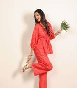 Orange and pink stripes textile print work cotton co-ord sets
