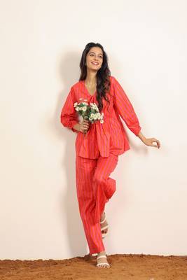 Orange and pink stripes textile print work cotton co-ord sets 3