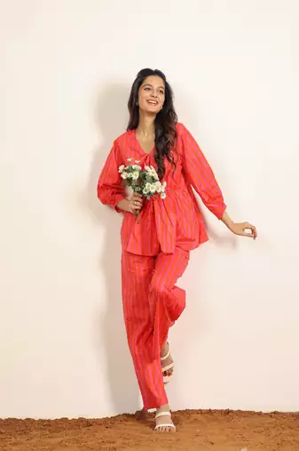 Orange and pink stripes textile print work cotton co-ord sets