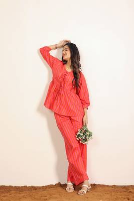 Orange and pink stripes textile print work cotton co-ord sets 4