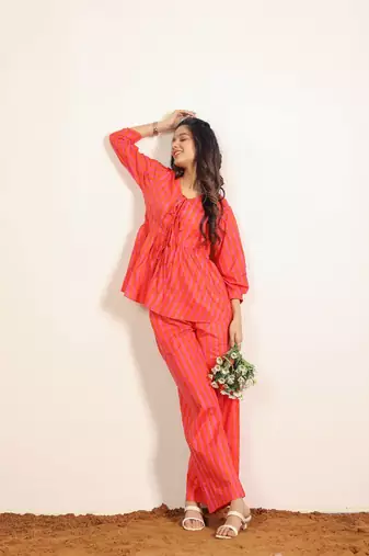 Orange and pink stripes textile print work cotton co-ord sets