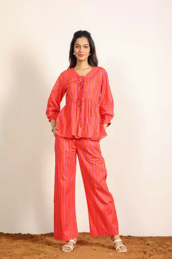 Orange and pink stripes textile print work cotton co-ord sets
