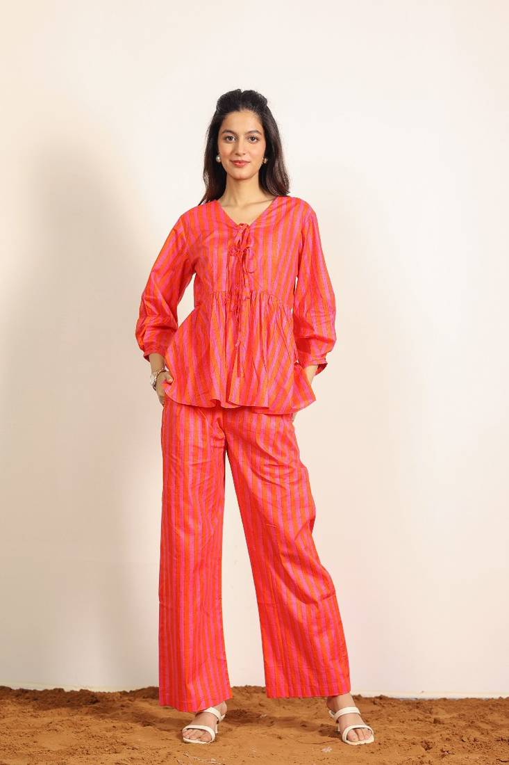 Orange and pink stripes textile print work cotton co-ord sets