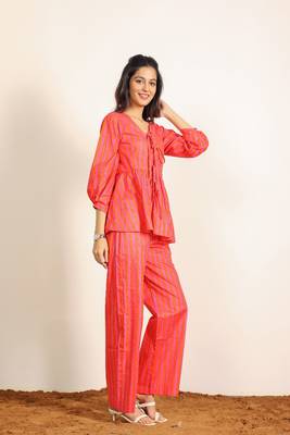 Orange and pink stripes textile print work cotton co-ord sets 6
