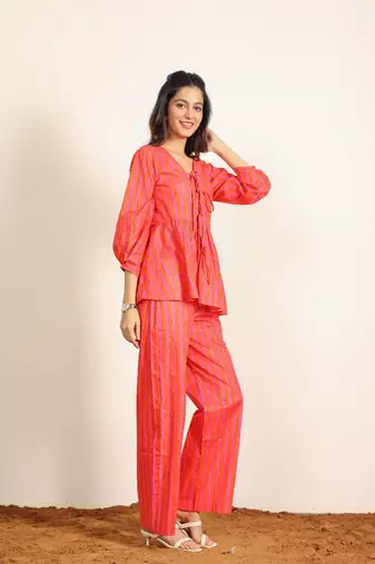 Orange and pink stripes textile print work cotton co-ord sets