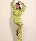 Green and white geometric coastal print collared cotton co-ord set