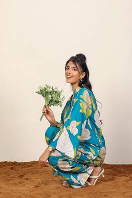 Sky blue and multicolor floral print with v-neck kurta style cotton co-ord set 3