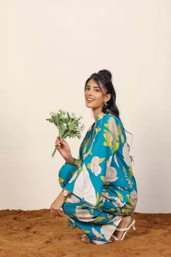 Sky blue and multicolor floral print with v-neck kurta style cotton co-ord set