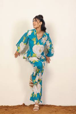 Sky blue and multicolor floral print with v-neck kurta style cotton co-ord set 6
