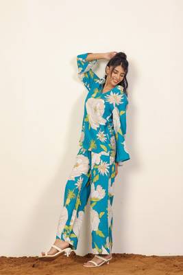 Sky blue and multicolor floral print with v-neck kurta style cotton co-ord set 1