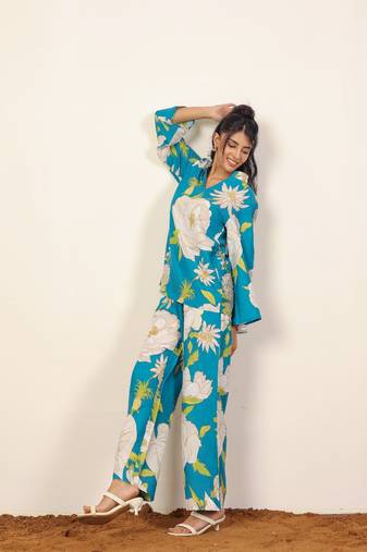 Sky blue and multicolor floral print with v-neck kurta style cotton co-ord set