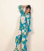 Sky blue and multicolor floral print with v-neck kurta style cotton co-ord set