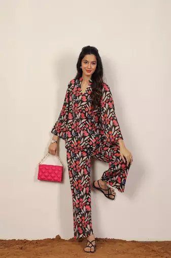 Multicolor floral print with v-neck kurta style cotton co-ord set