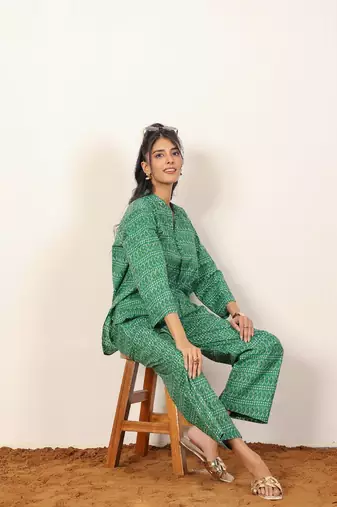 Green and white geometric with kurta style co-ord set