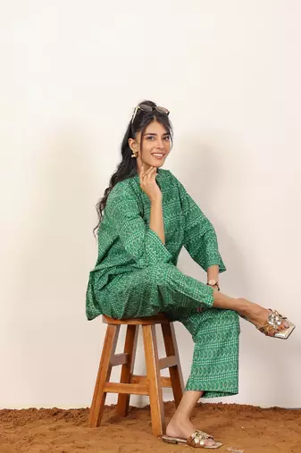 Green and white geometric with kurta style co-ord set