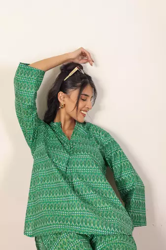 Green and white geometric with kurta style co-ord set